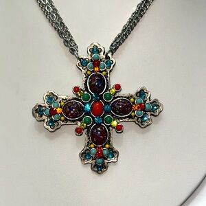 Colorful Vintage F.A.I.T.H.Brand Cross Pendant Triple Stainless Chain Necklace